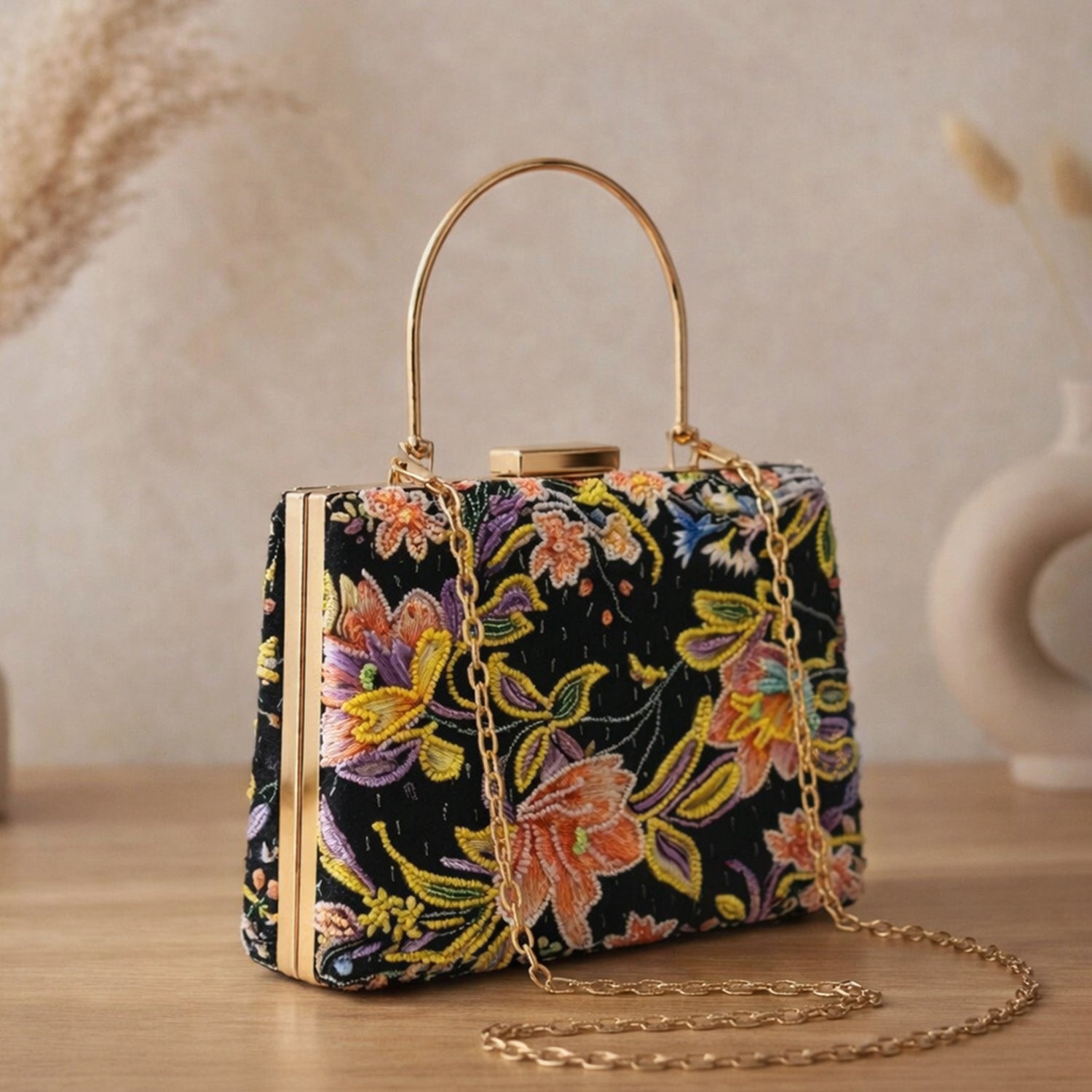 Artklim Printed Black Multicolor Floral Clutch with Hand Embroidery