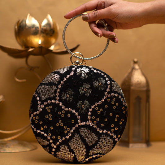 Black And Golden Round Embroidery Clutch
