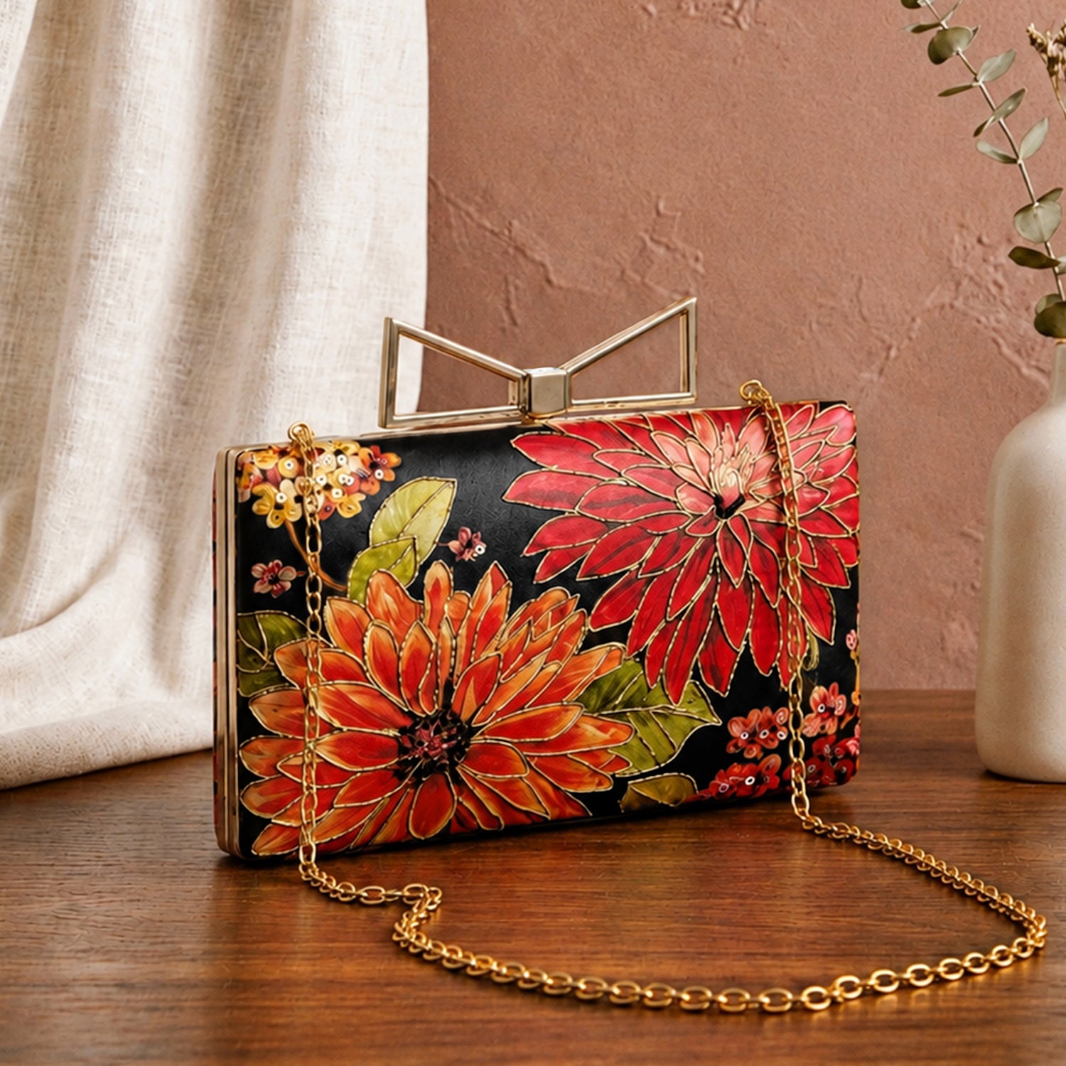 Artklim Printed Black Floral Designer Clutch with Hand Embroidery