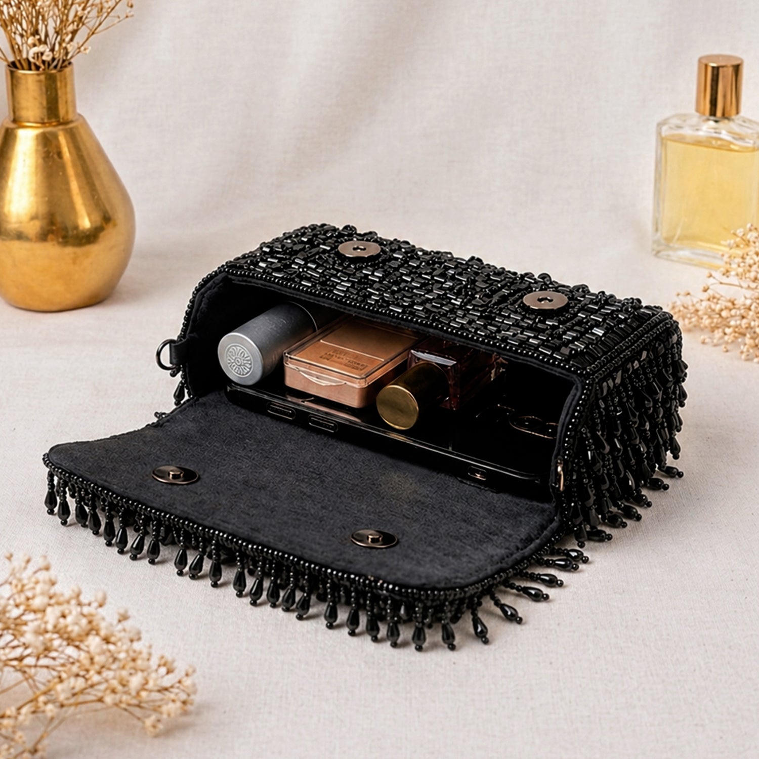 Artklim Black Beaded Fringe Clutch