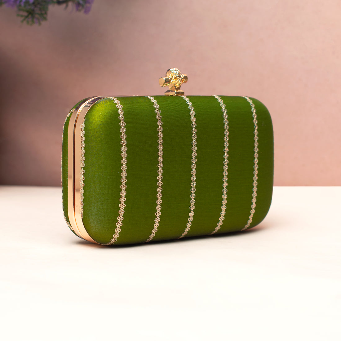 Artklim Olive Green Gold-Striped Embroidered Clutch