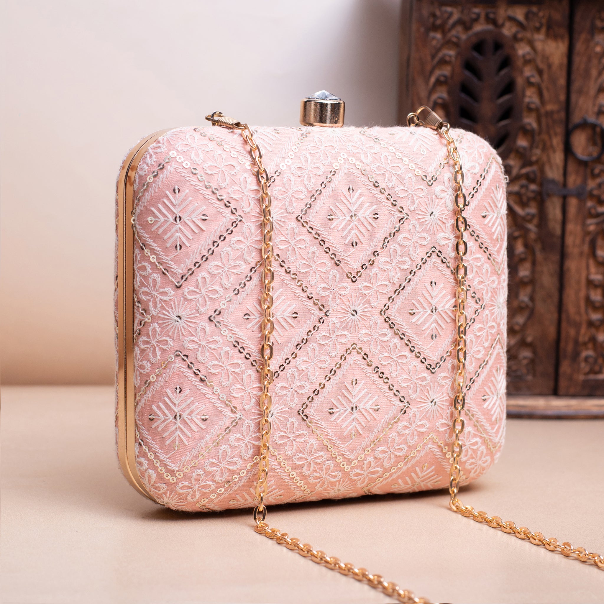 Artklim Pastel Peach Based Sequins Threadwork Embroidery Clutch