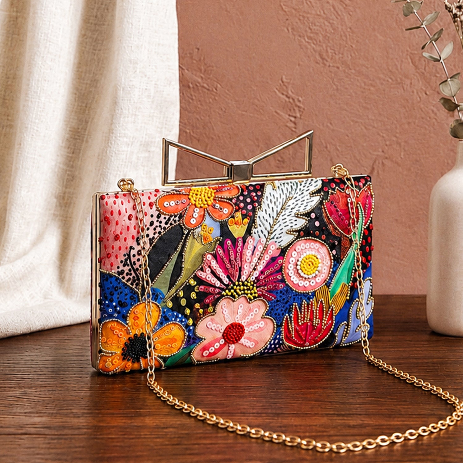Artklim Printed Multicolor Abstract Floral Designer Clutch with Hand Embroidery