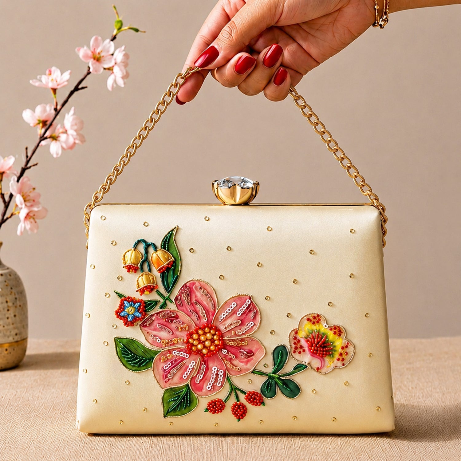 Artklim Printed Ivory Blossom Clutch with Hand Embroidery