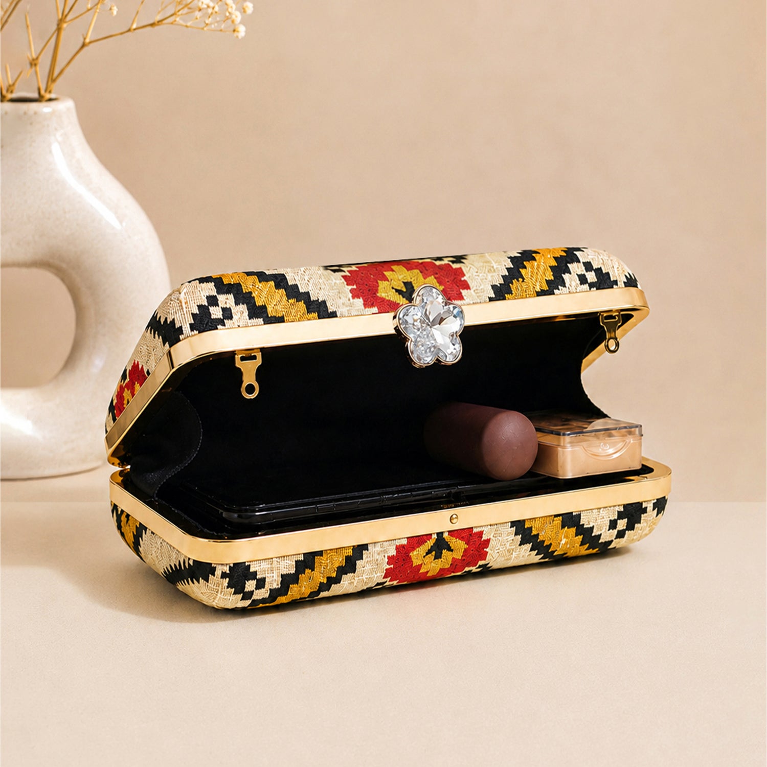 Artklim Ivory Red Ethnic Geometric Floral Pattern Printed Clutch
