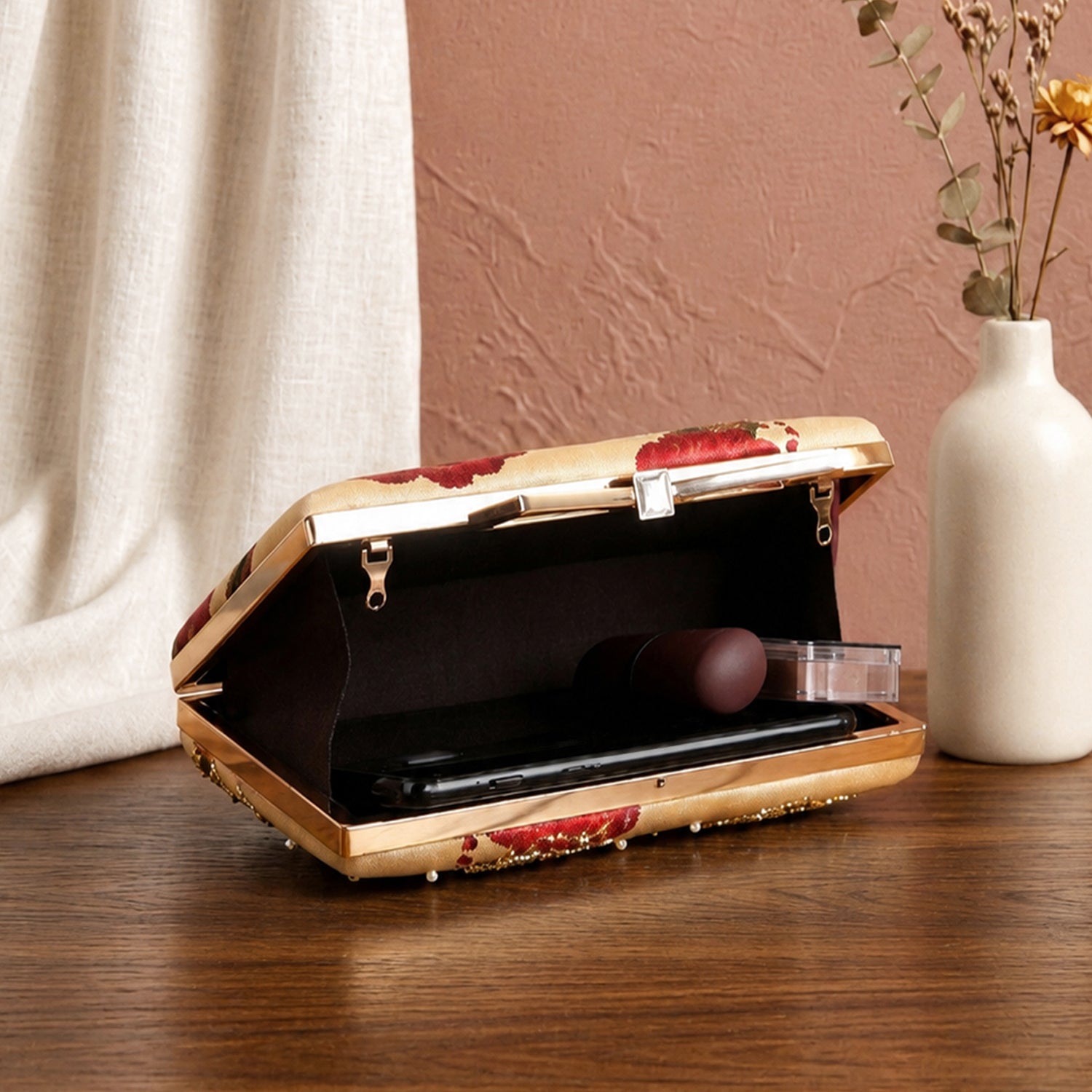 Artklim Printed Beige Red Rose Designer Clutch with Hand Embroidery