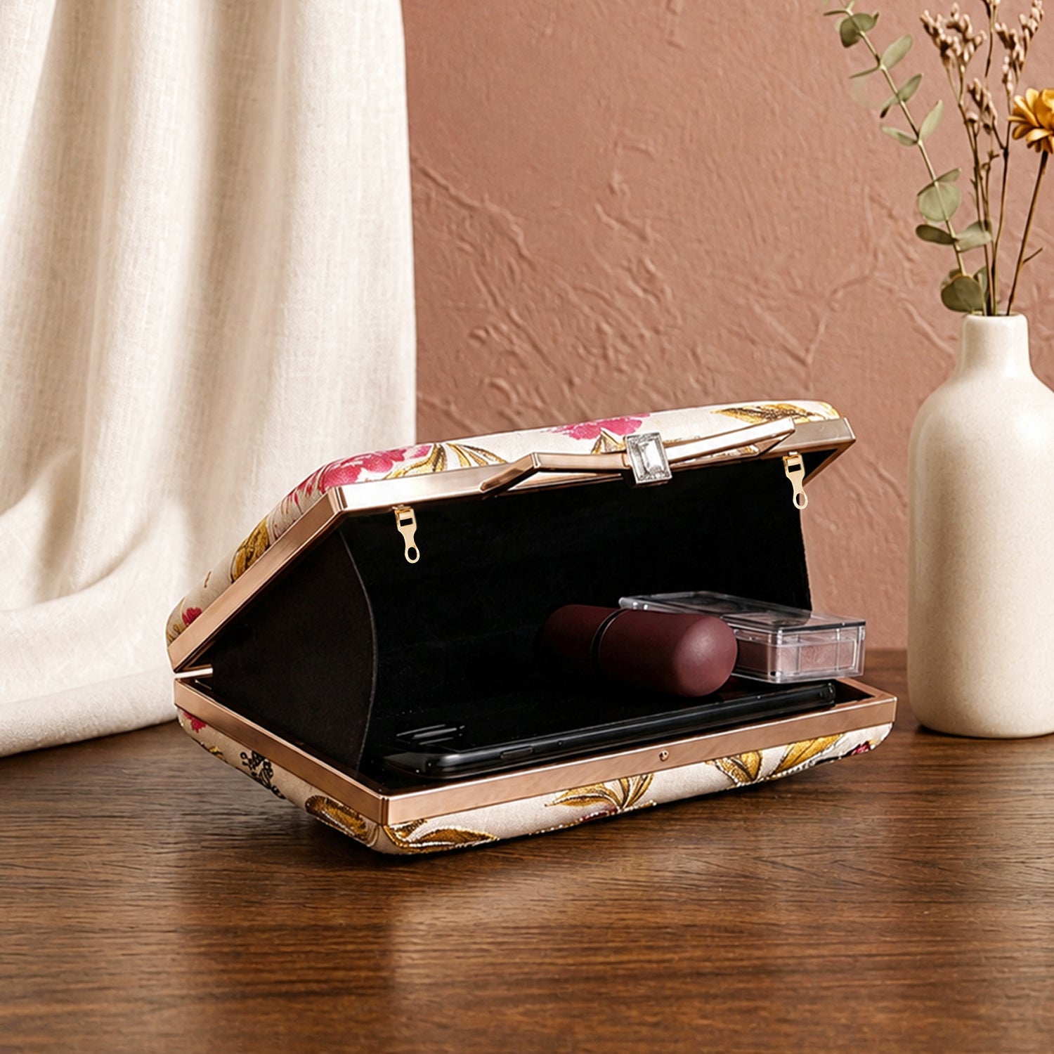 Artklim Printed Blush Pink Floral Designer Clutch with Hand Embroidery