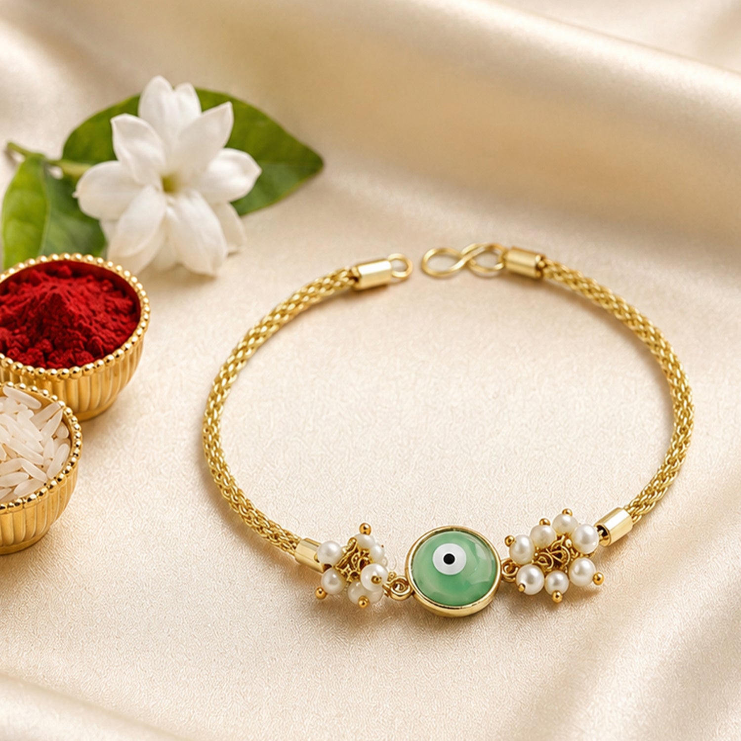 Artklim Mint Evil Eye Pearl Bhaiya Bhabhi Rakhi Set
