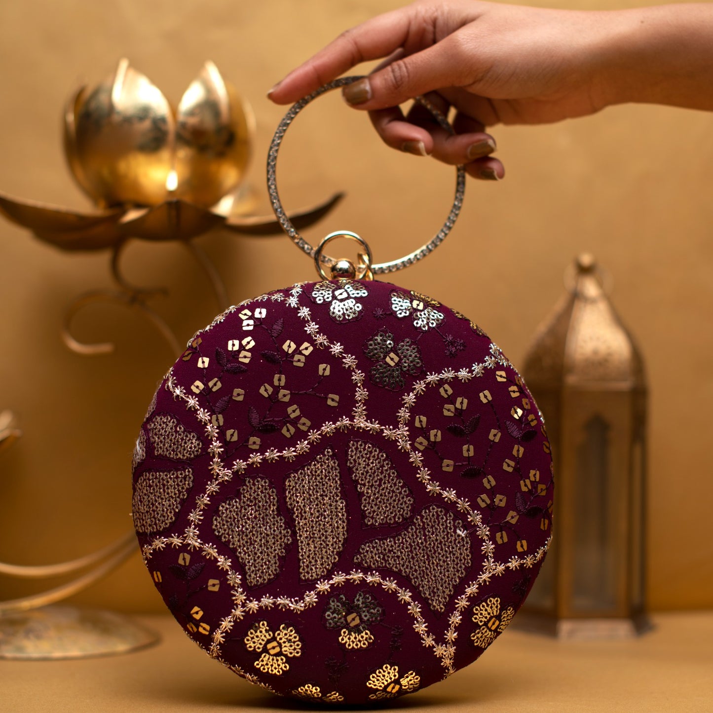 Maroon And Golden Round Embroidery Clutch