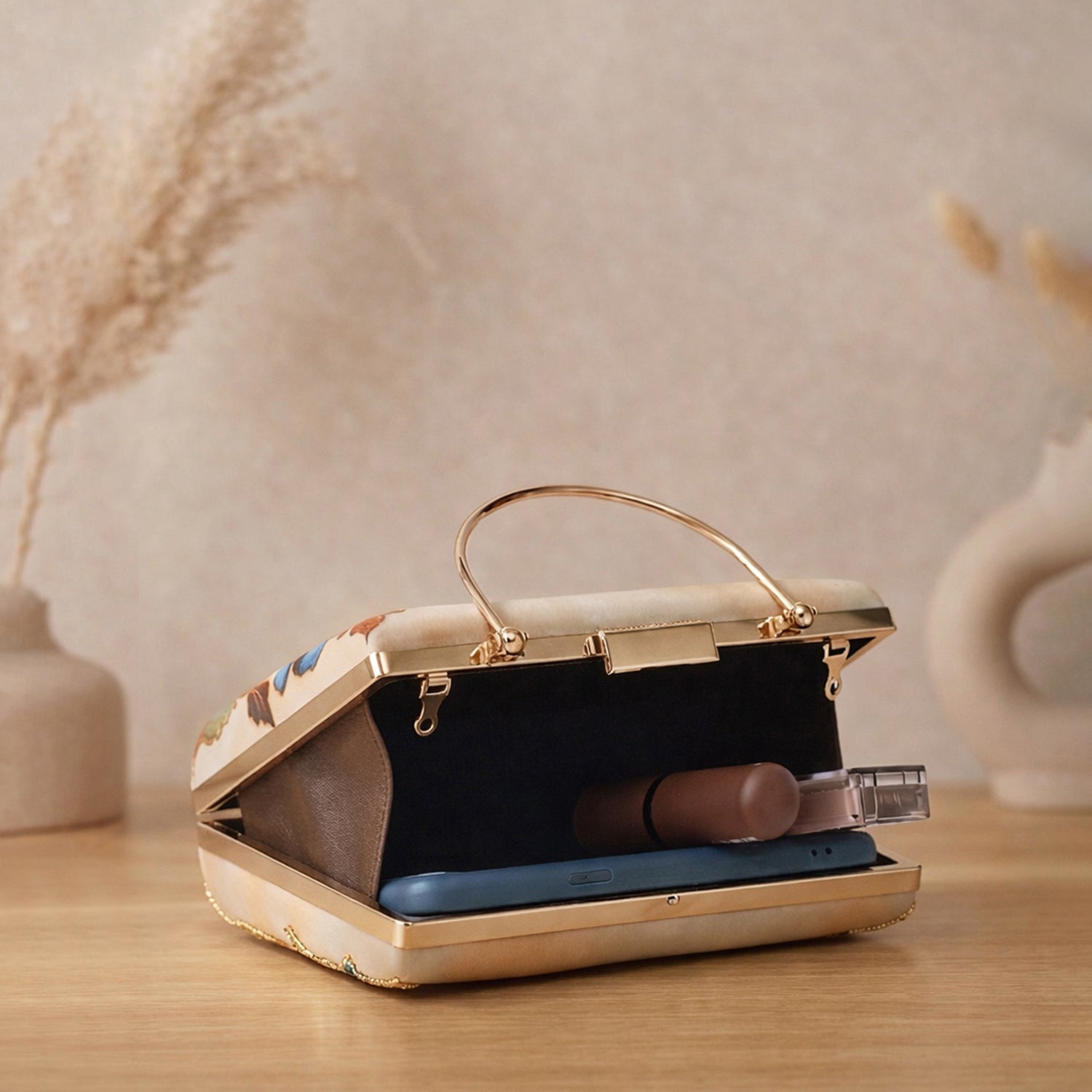 Artklim Printed Gold Floral Embellished Clutch with Hand Embroidery