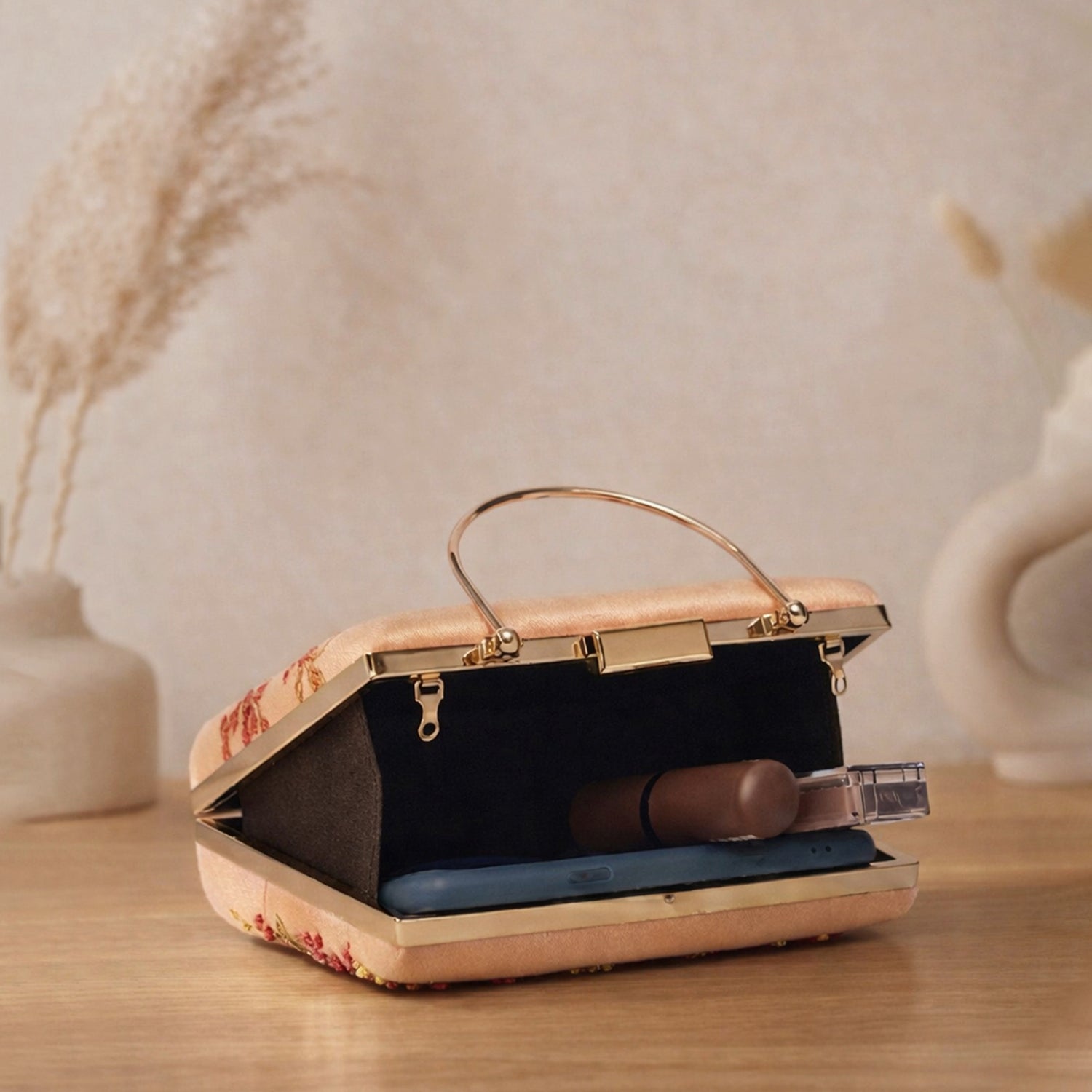 Artklim Printed Champagne Floral Beaded Clutch with Hand Embroidery