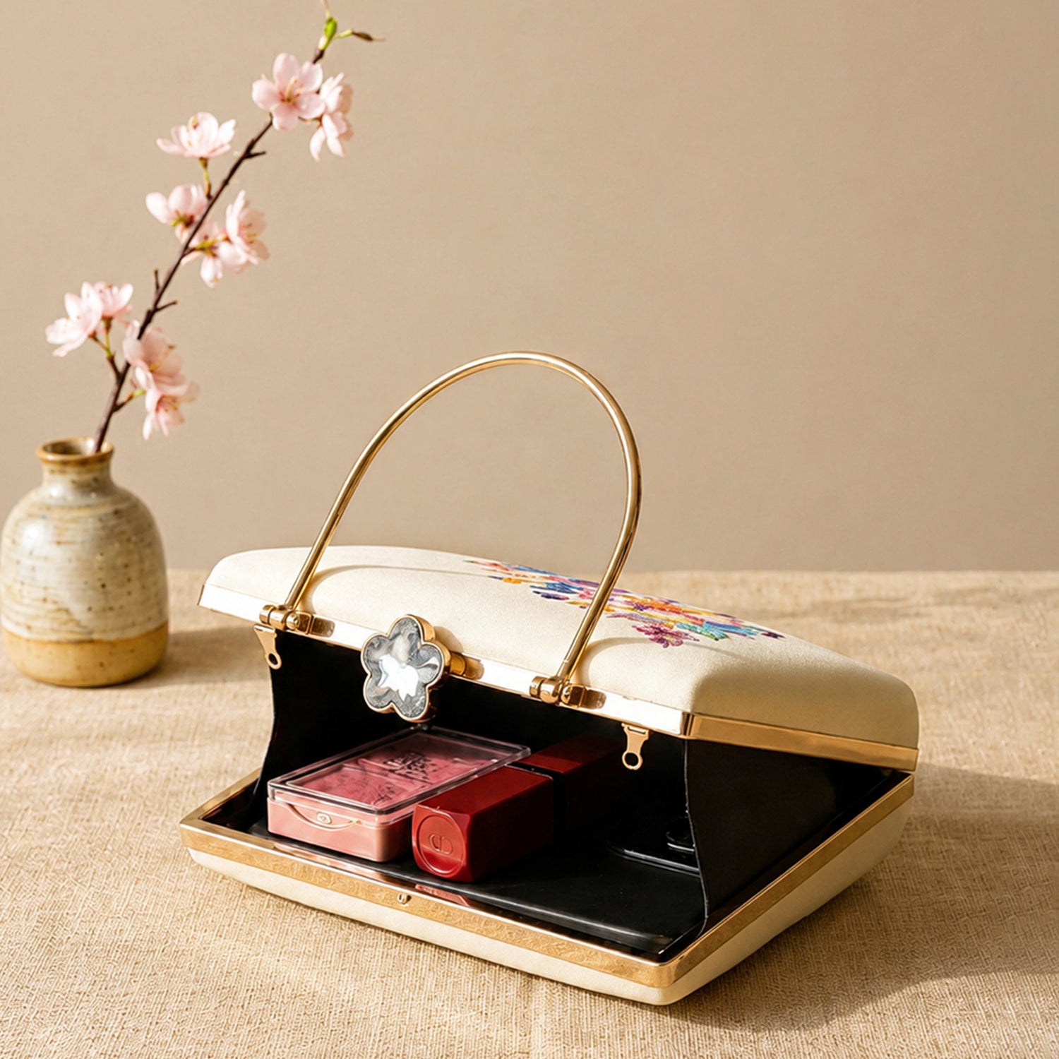 Artklim Printed Elegant Floral Pearl Embellished Clutch with Hand Embroidery