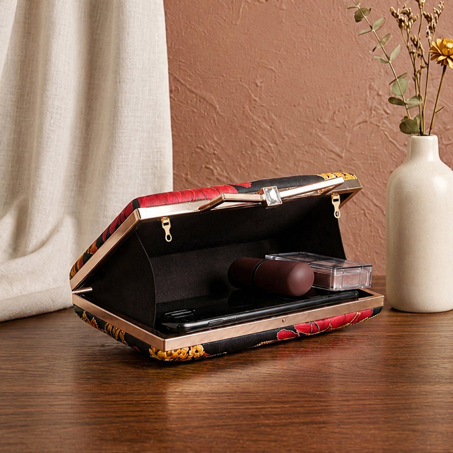 Artklim Printed Black Floral Designer Clutch with Hand Embroidery