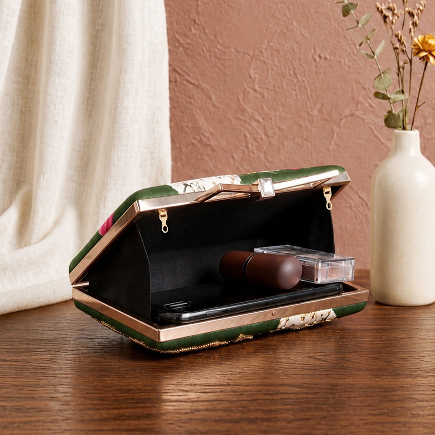 Artklim Printed Olive Green Pink Floral Designer Clutch with Hand Embroidery
