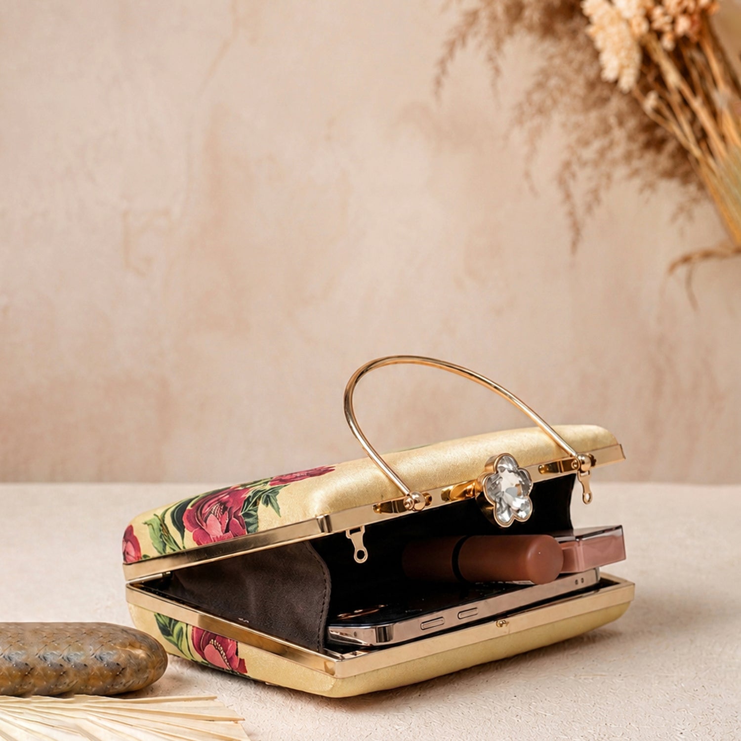 Artklim Gold Floral Embellished Luxury Clutch Bag