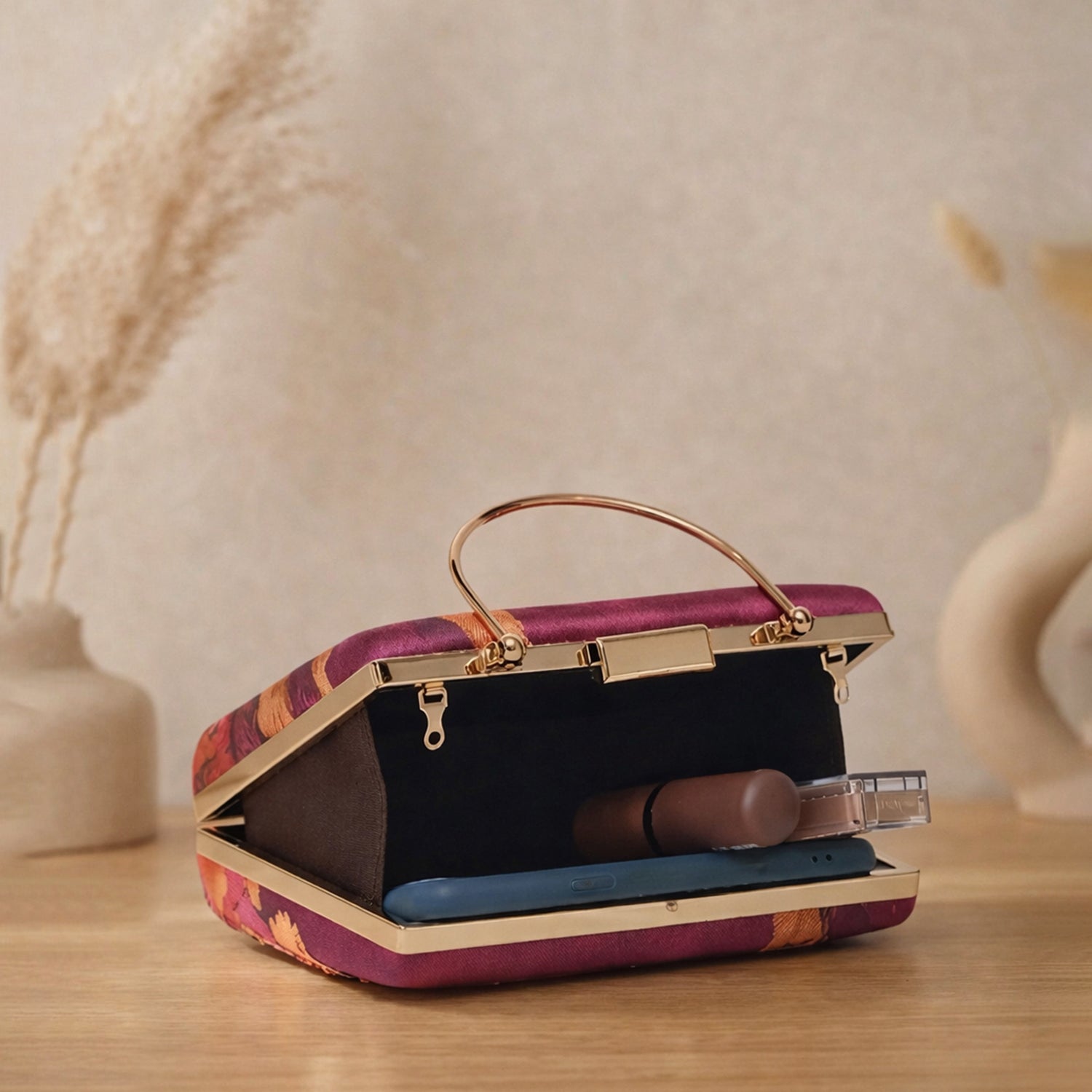 Artklim Printed Burgundy Floral Sequin Clutch with Hand Embroidery