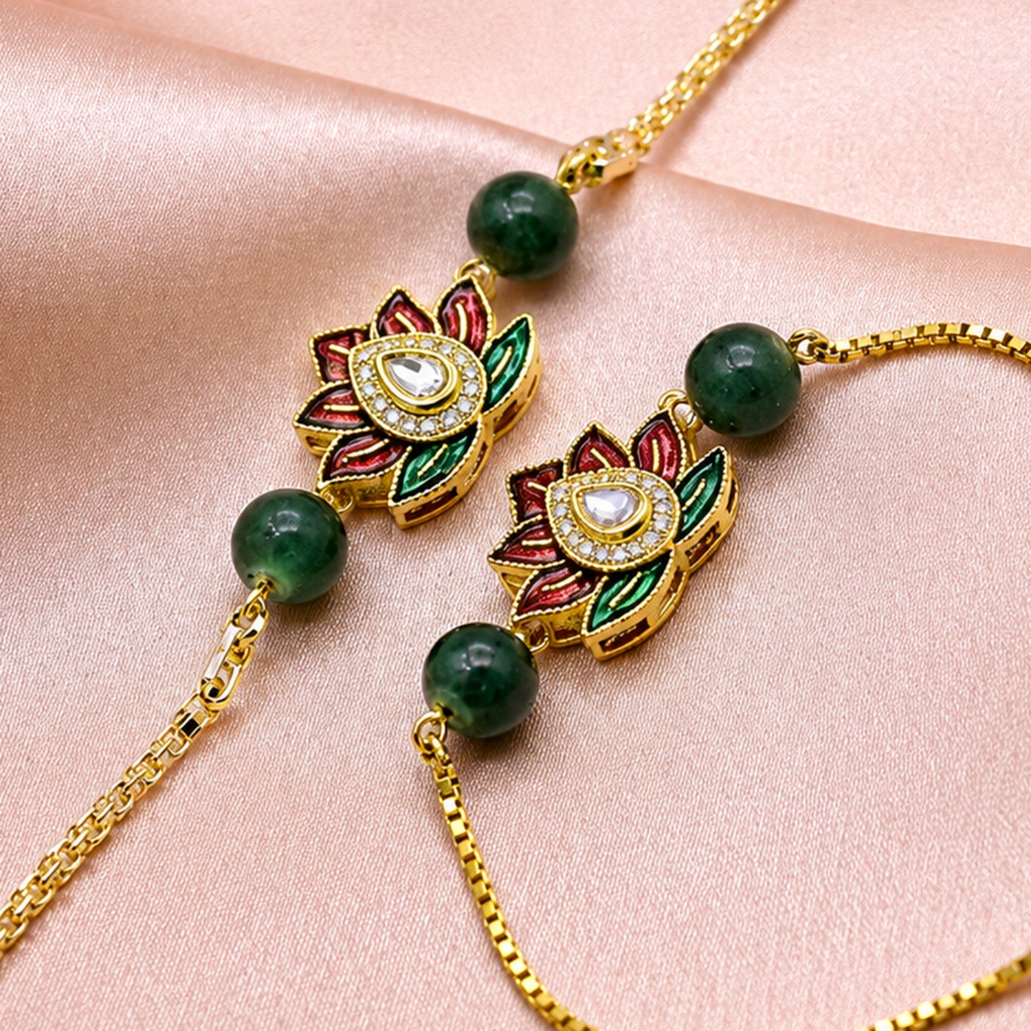 Artklim Lotus Designer Bhaiya Bhabhi Rakhi Set with Green Beads