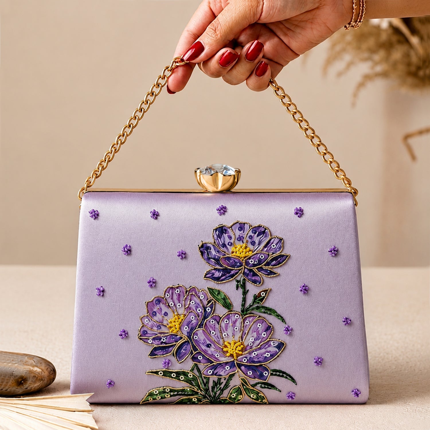 Artklim Lavender Floral Embroidered Clutch Bag
