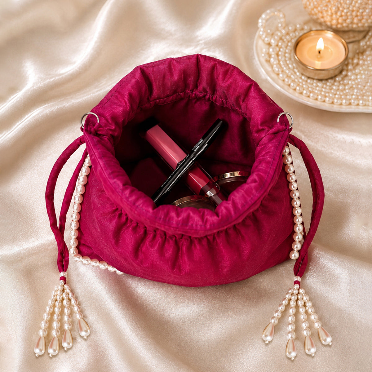 Artklim Pink & White Ethnic Drawstring Potli Clutch