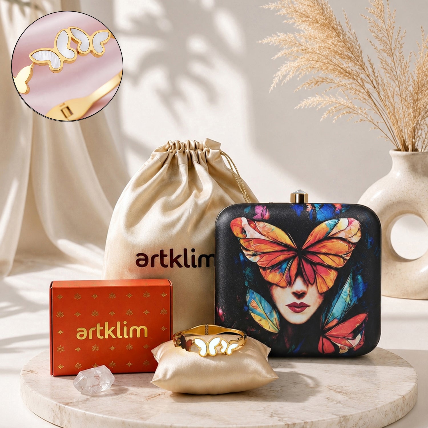 Artklim Butterfly Dreams Set: Butterfly Art Clutch & Butterfly Charm Bracelet