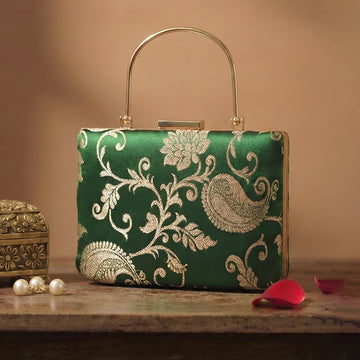 Artklim Emerald Green Gold Embroidered Clutch