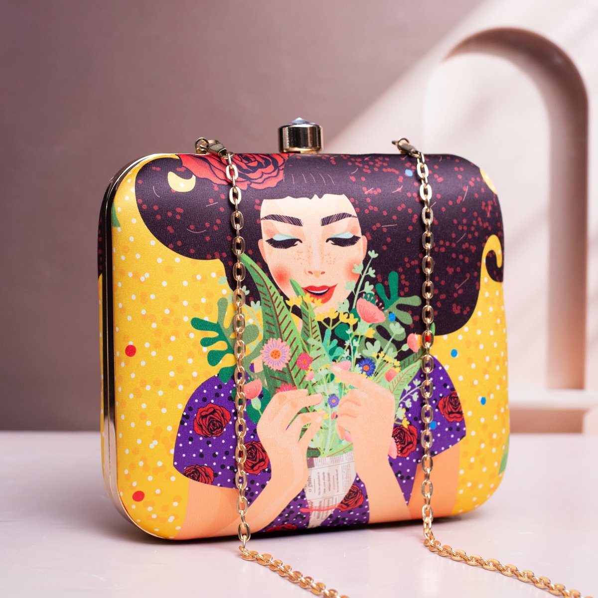 Fancy Floral Princess Printed Clutch on Bright Yellow Background