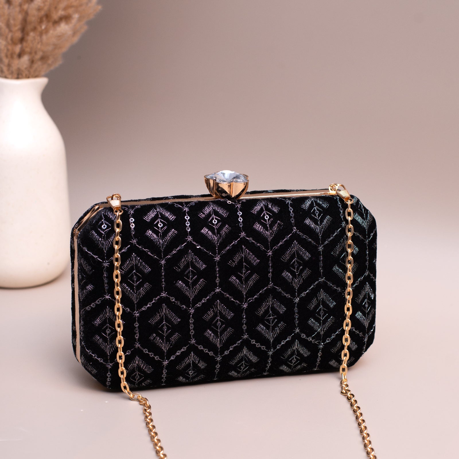 Artklim Black Based Silver Sequins Embroidery Clutch