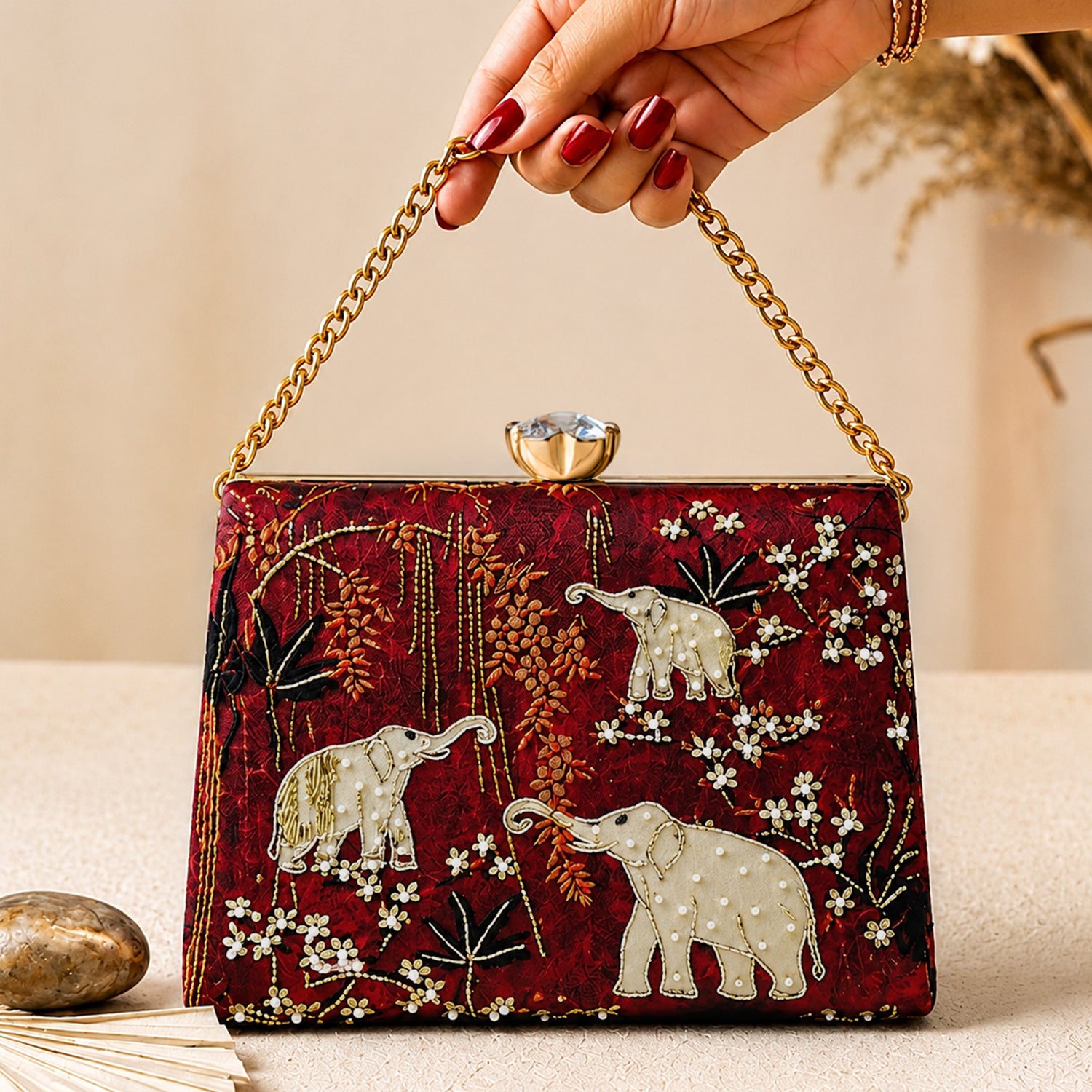 Artklim Crimson Elephant Garden Embroidered Clutch