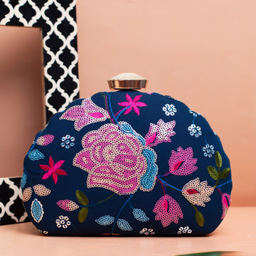 Blue And Pink Floral Embroidery Party Clutch