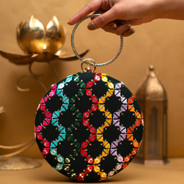 Black Based Multicoloured Round Embroidery Clutch