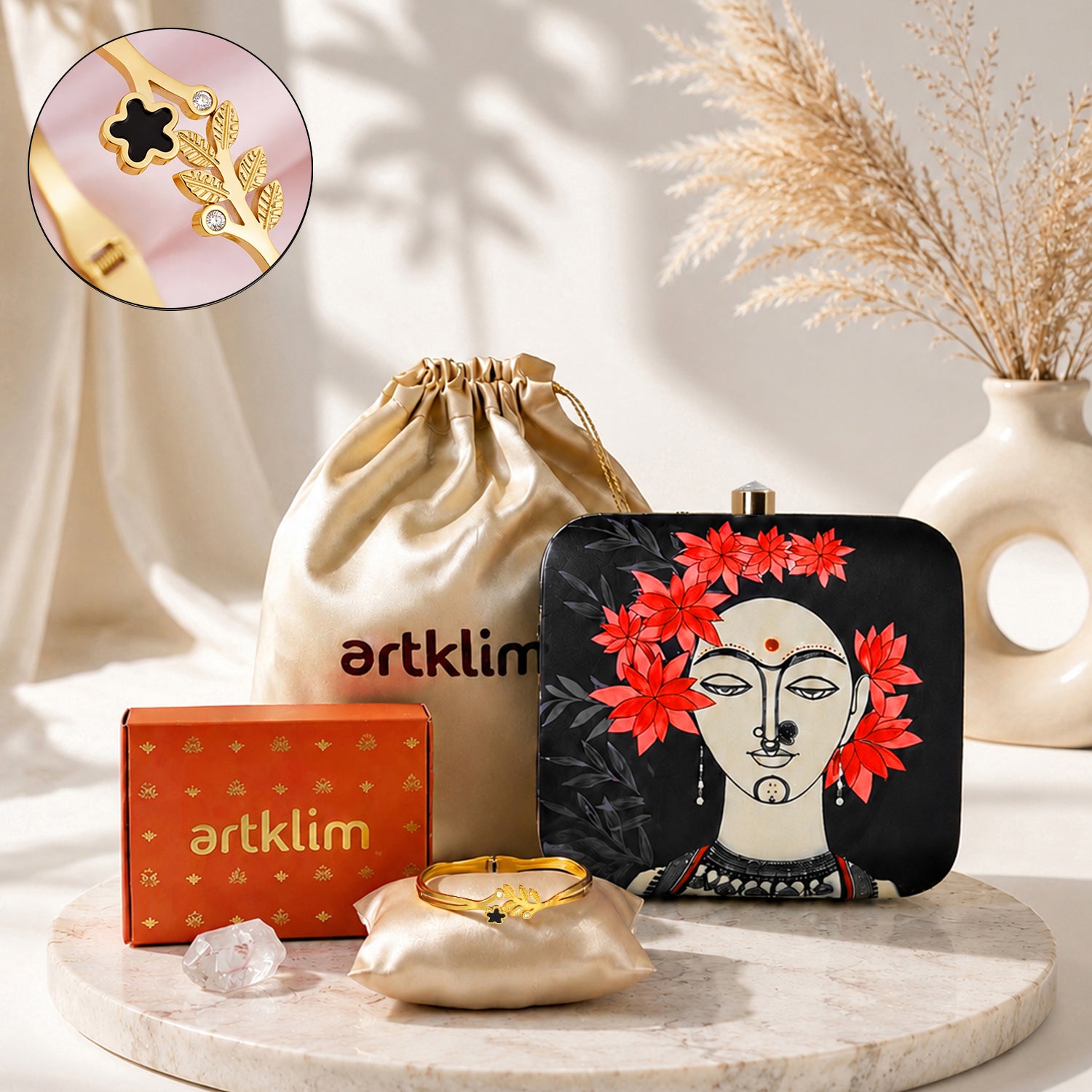 Artklim Floral Grace Set: Abstract Lady Clutch & Clover Charm Bracelet