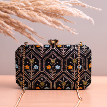 Black Floral Sequins Embroidery Fabric Clutch