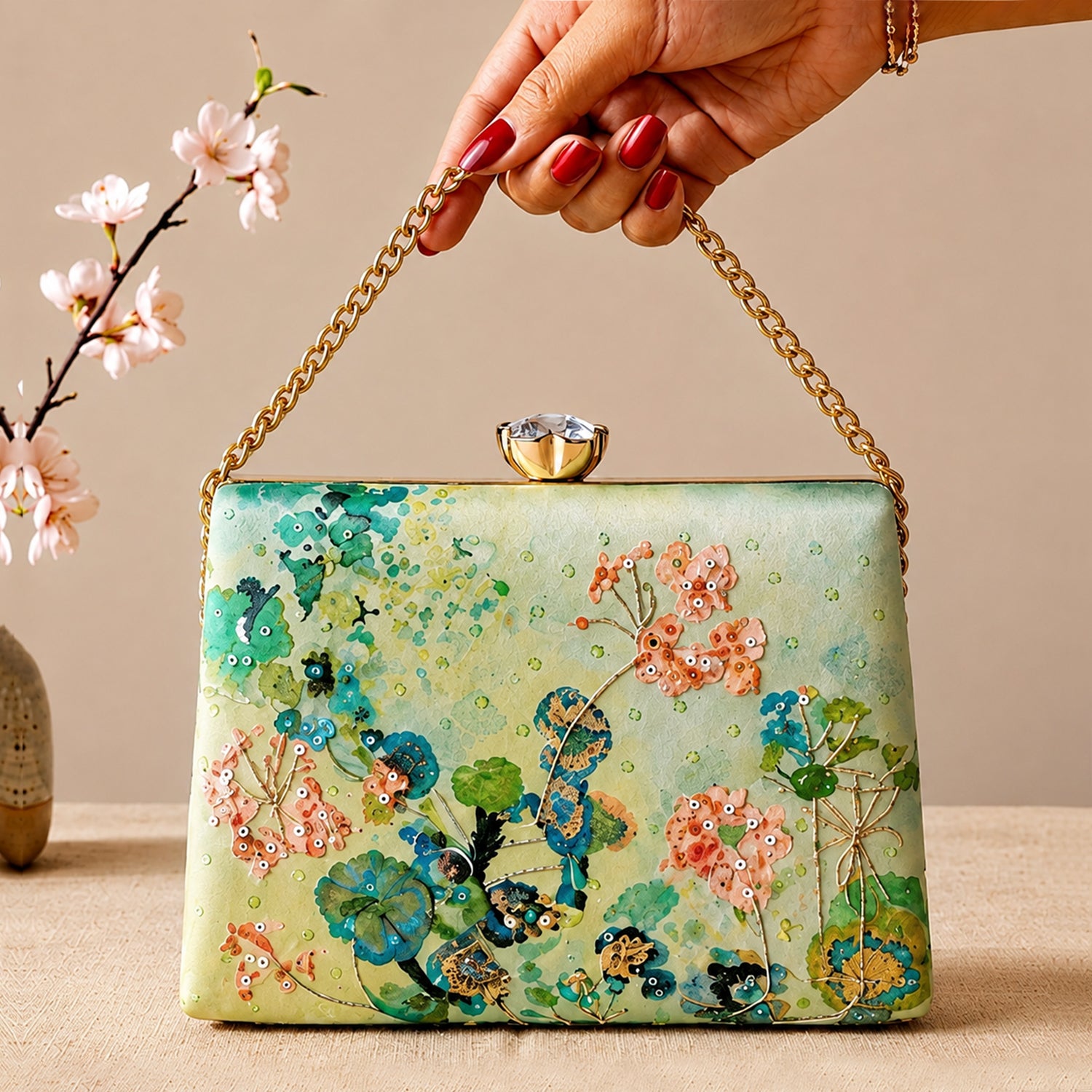 Artklim Printed Pastel Botanical Bloom Artistic Clutch with Hand Embroidery