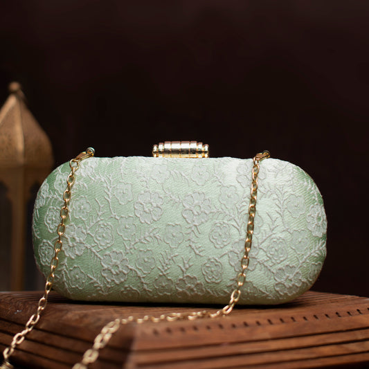 Green And White Floral Thread Embroidery Clutch