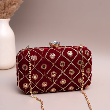 Artklim Red Based Golden Sequins Embroidery Clutch