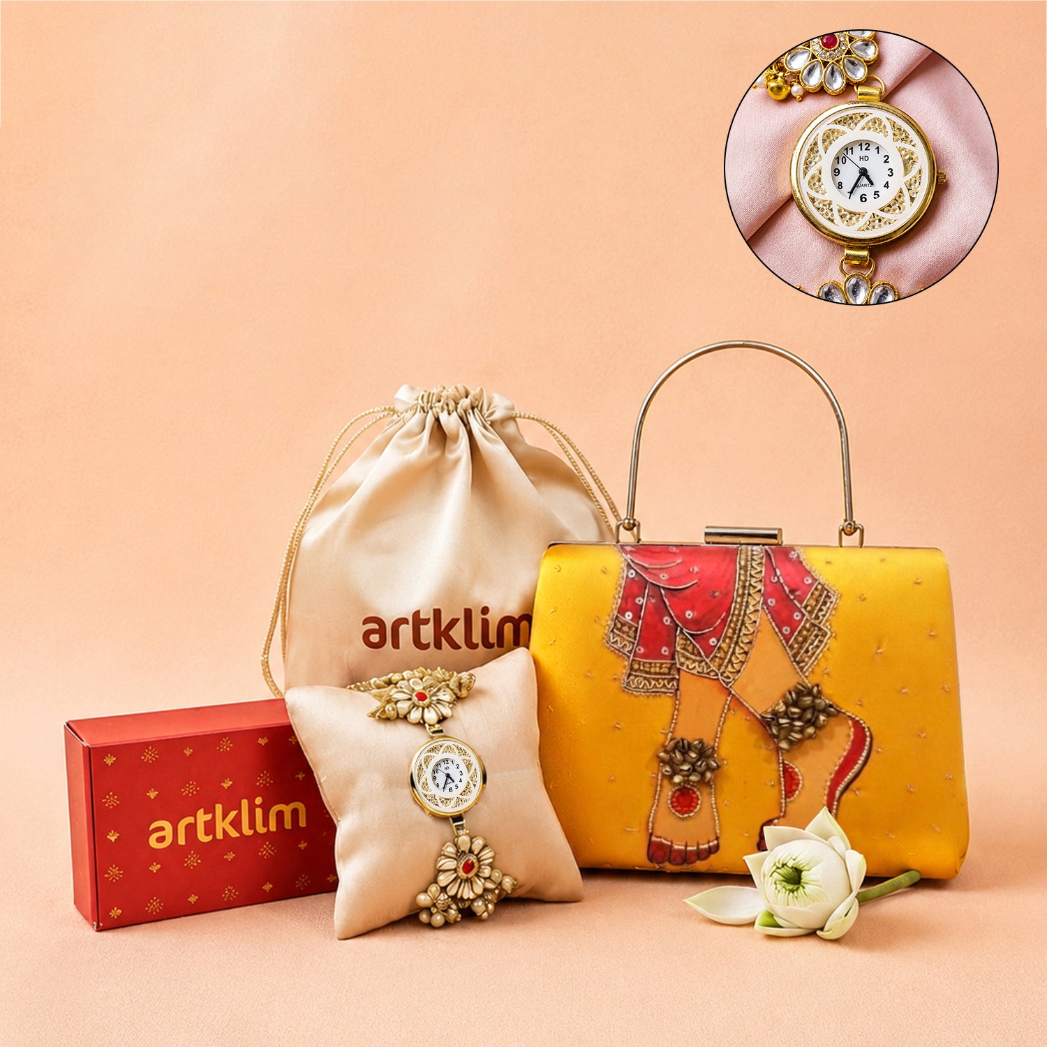 Artklim Bridal Elegance Set: Bridal Art Clutch & Floral Rakhi Watch