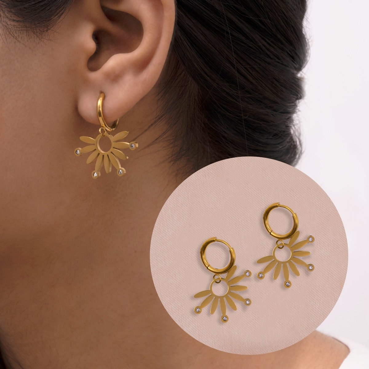 Artklim Gold Plated Half Flower Designer Hoop Earrings