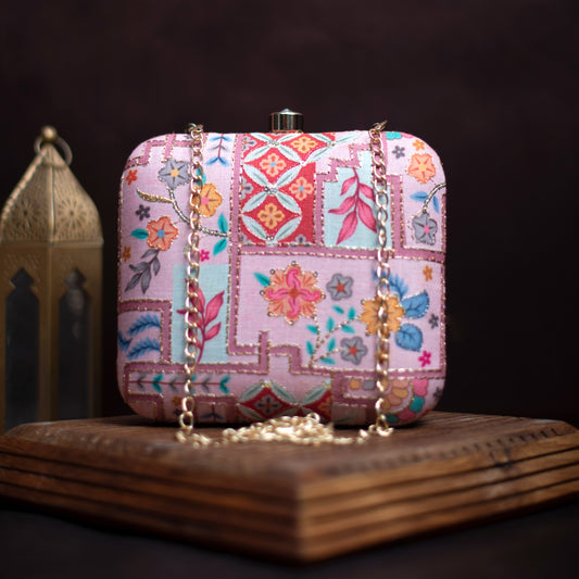 Artklim Pink Multi Pattern Embroidery Party Clutch