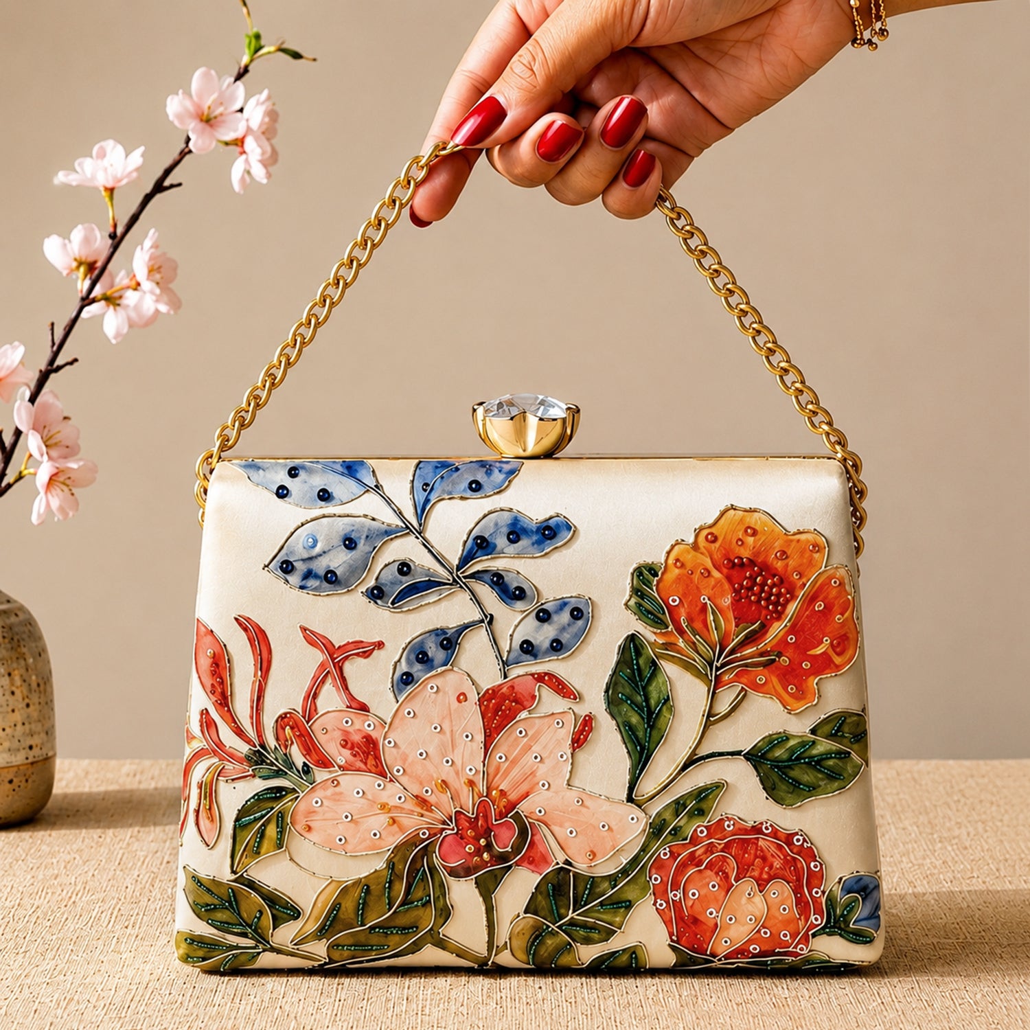 Artklim Printed Luxury Floral Art Clutch with Hand Embroidery