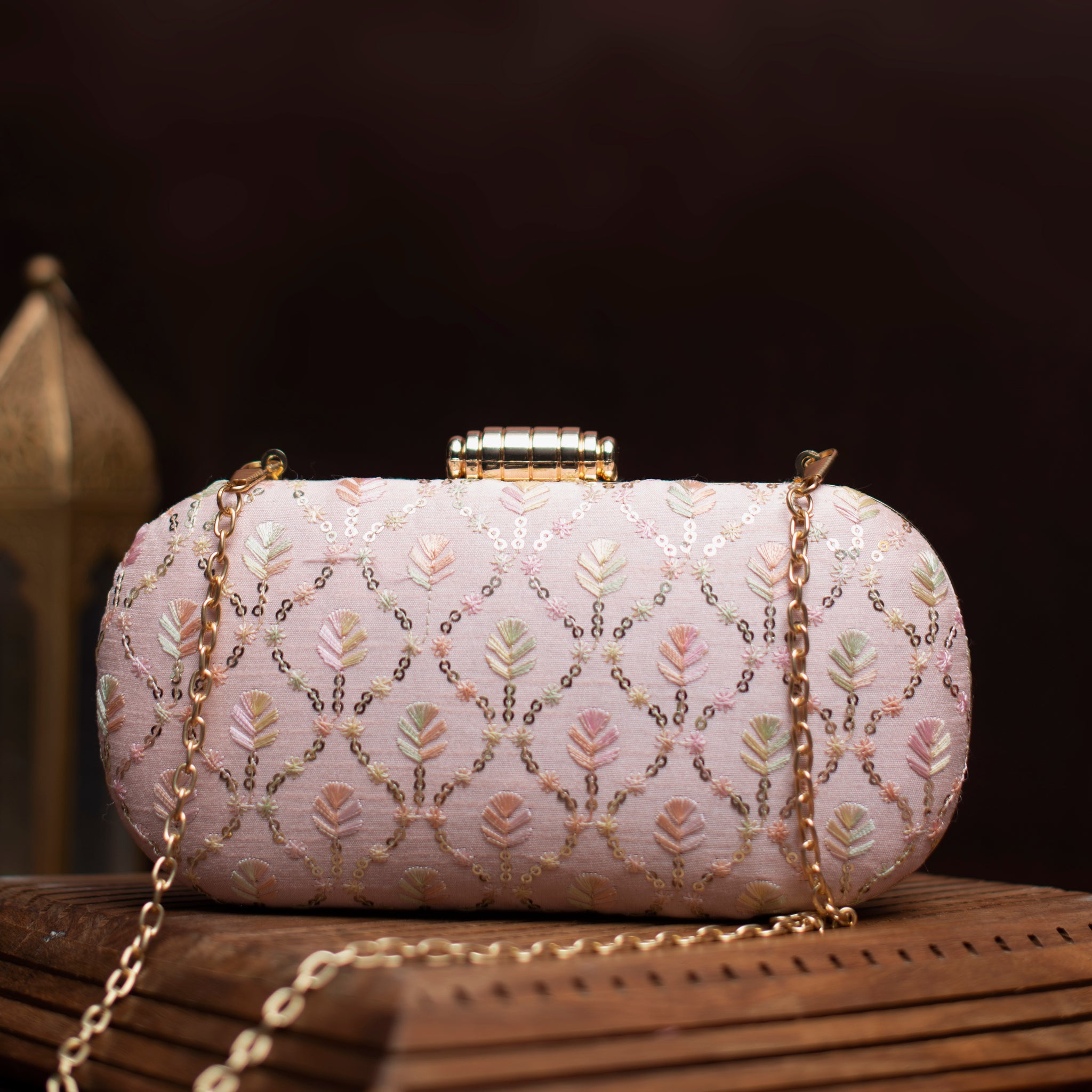 Pink Thread And Sequins Embroidery Clutch