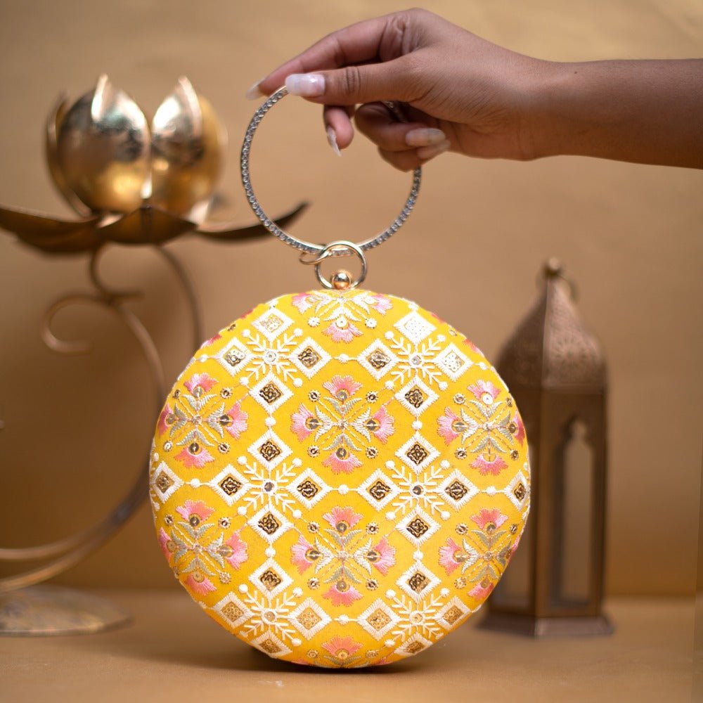Yellow And Pink Floral Embroidery Round Clutch