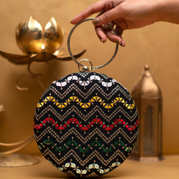 Black Based Multicoloured Round Embroidery Clutch