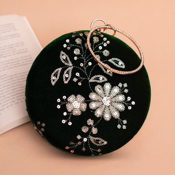 Artklim Dark Green Based Sequins Embroidery Clutch