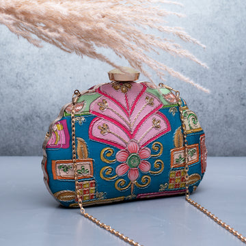 Artklim Blue Based Pink Floral Pritned Golden Zari Embroidery Clutch