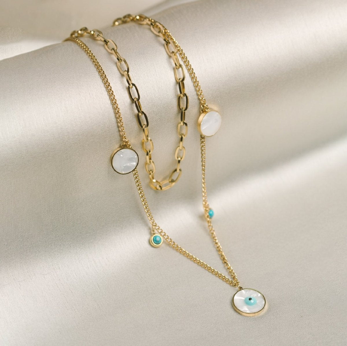 Artklim Gold Plated Double Layered Evil Eye Charms Pendant Necklace