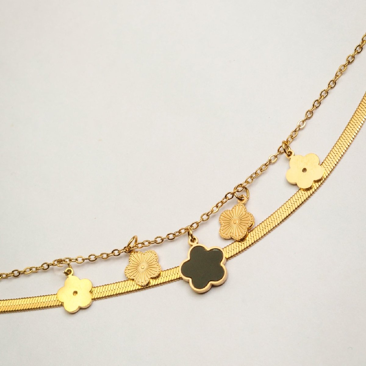 Artklim Gold Plated Black And Golden Clover Double Layered Bracelet