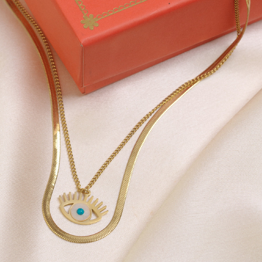 Artklim Gold Plated Double Layered Evil Eye Pendant Necklace