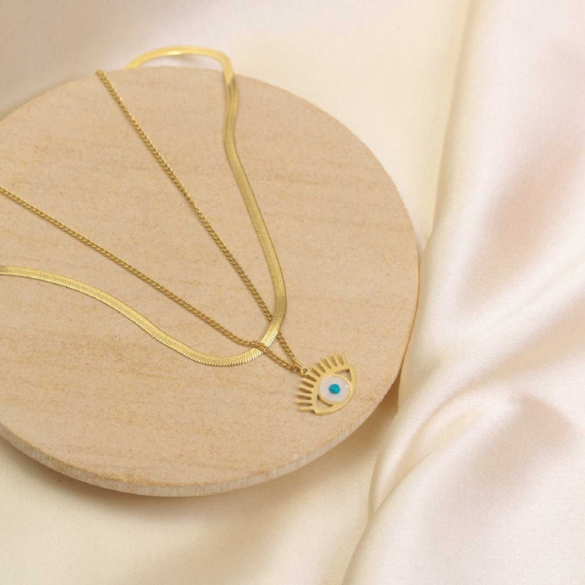 Artklim Gold Plated Double Layered Evil Eye Pendant Necklace