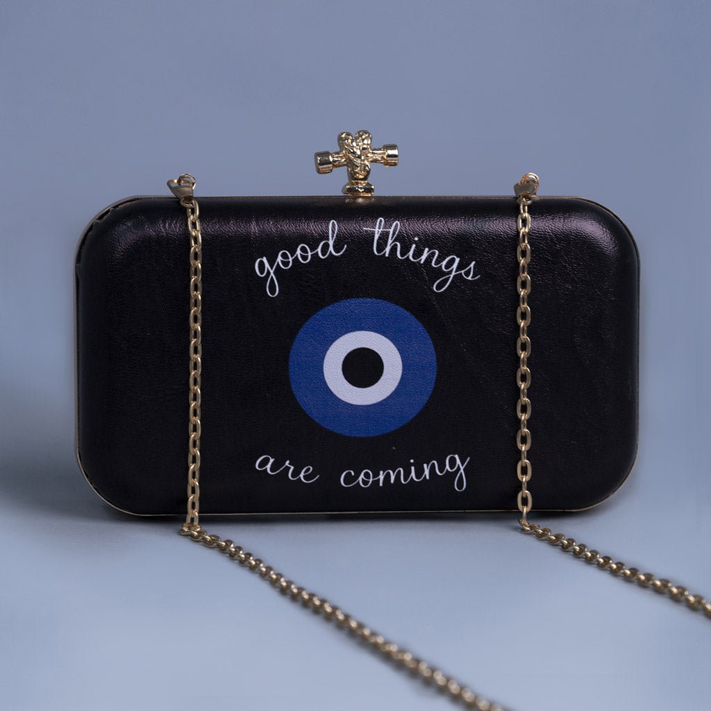 Artklim Black Based Quirky Quote Printed Leatherette Clutch