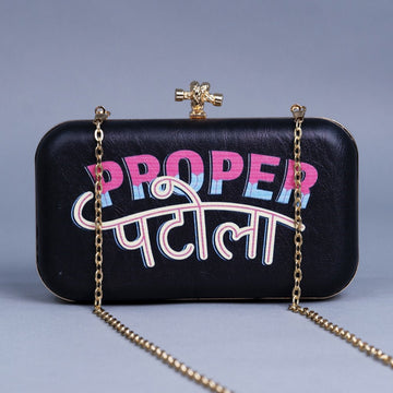 Artklim Black Based Quirky Printed Leatherette Clutch